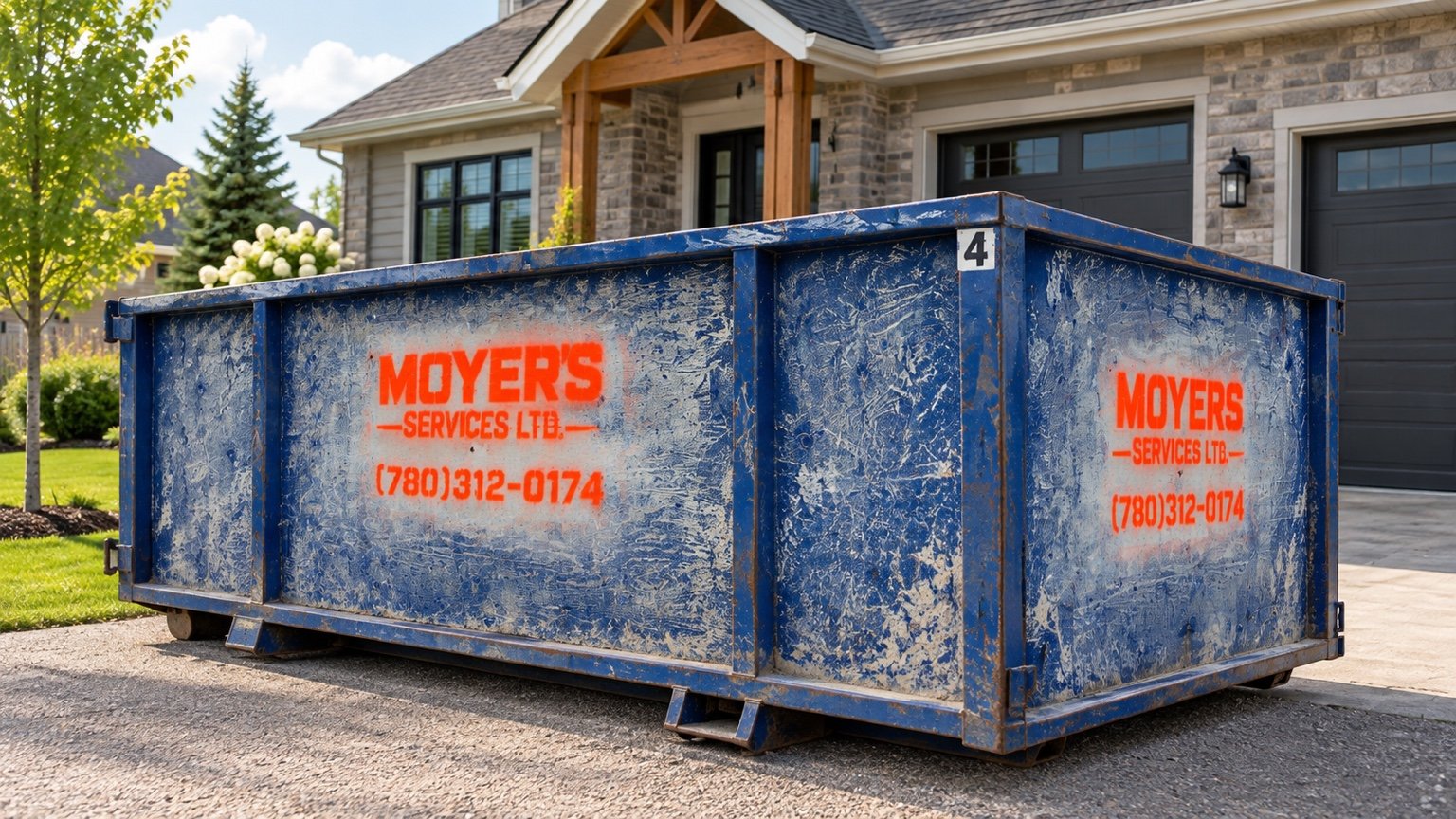 Blue Moyer's Services roll-off bin delivered at a Central Alberta home